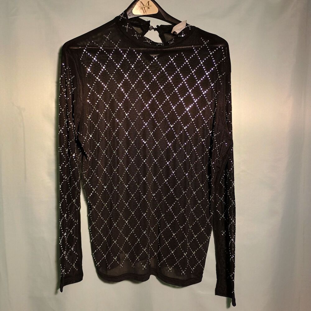 Sheer Mesh Rhinestone Long Sleeve Top – Black Sparkle Diamond Pattern 2XL